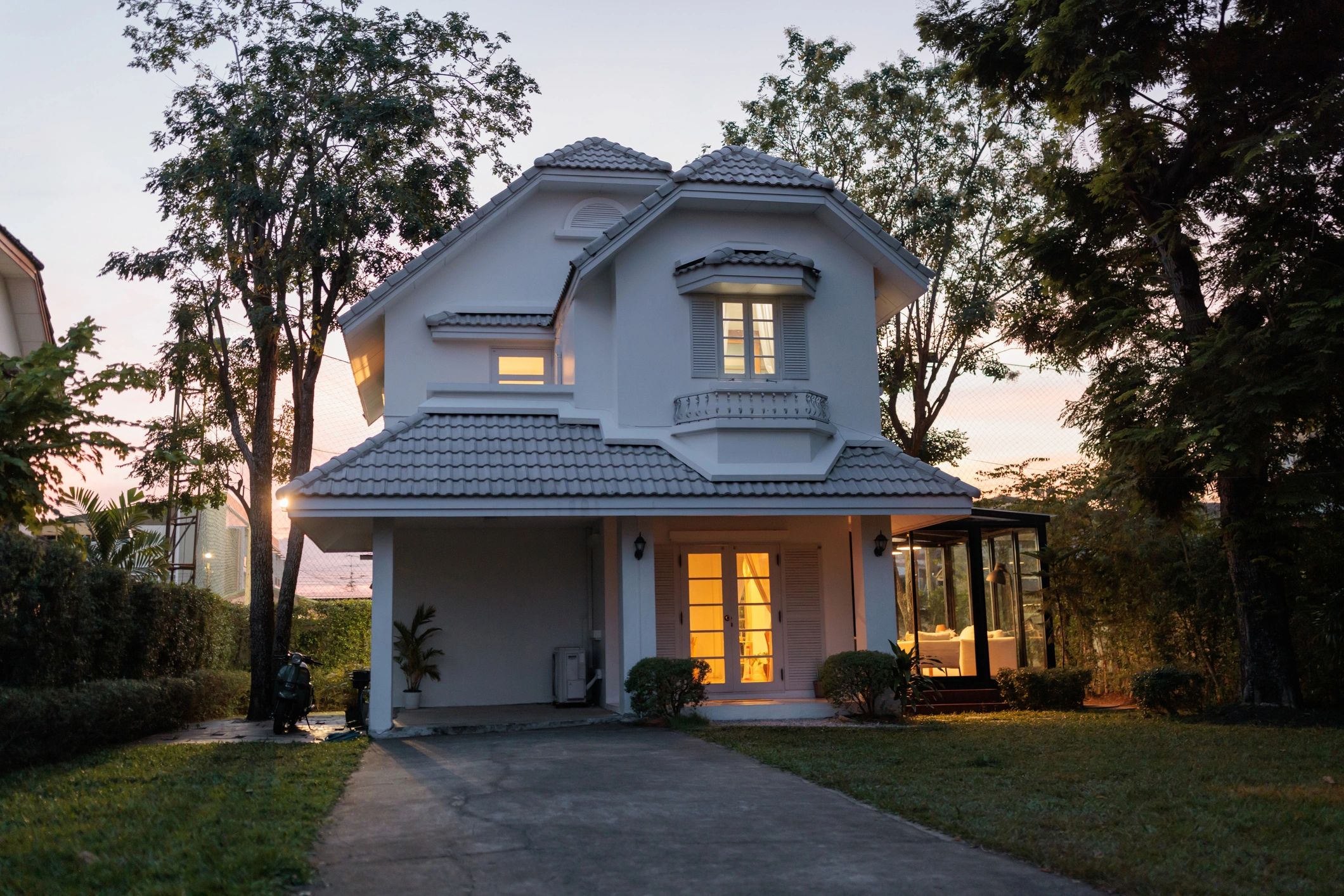 Finished home exterior at dusk